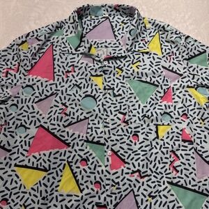 Mens Retro 90s Memphis Design Geometric Button Down Shirt 2XL Blue Multicolor
